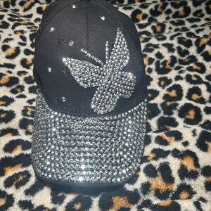 Y2K Black Cap with Silver Rhinestones and Butterfly Design